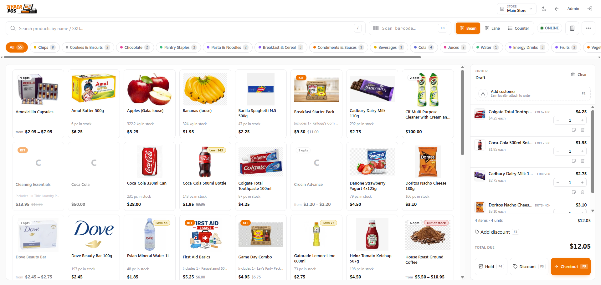 Interface de caisse et catalogue produits